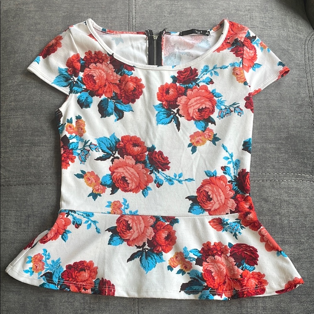 Love J Floral Peplum Blouse Cap Sleeve